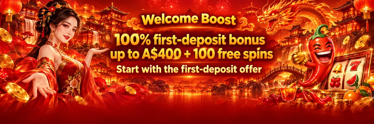 Elegant casino woman beside a glowing slot machine, orange flames and floating lanterns promoting a 100% first-deposit bonus up to A$400 with 100 free spins